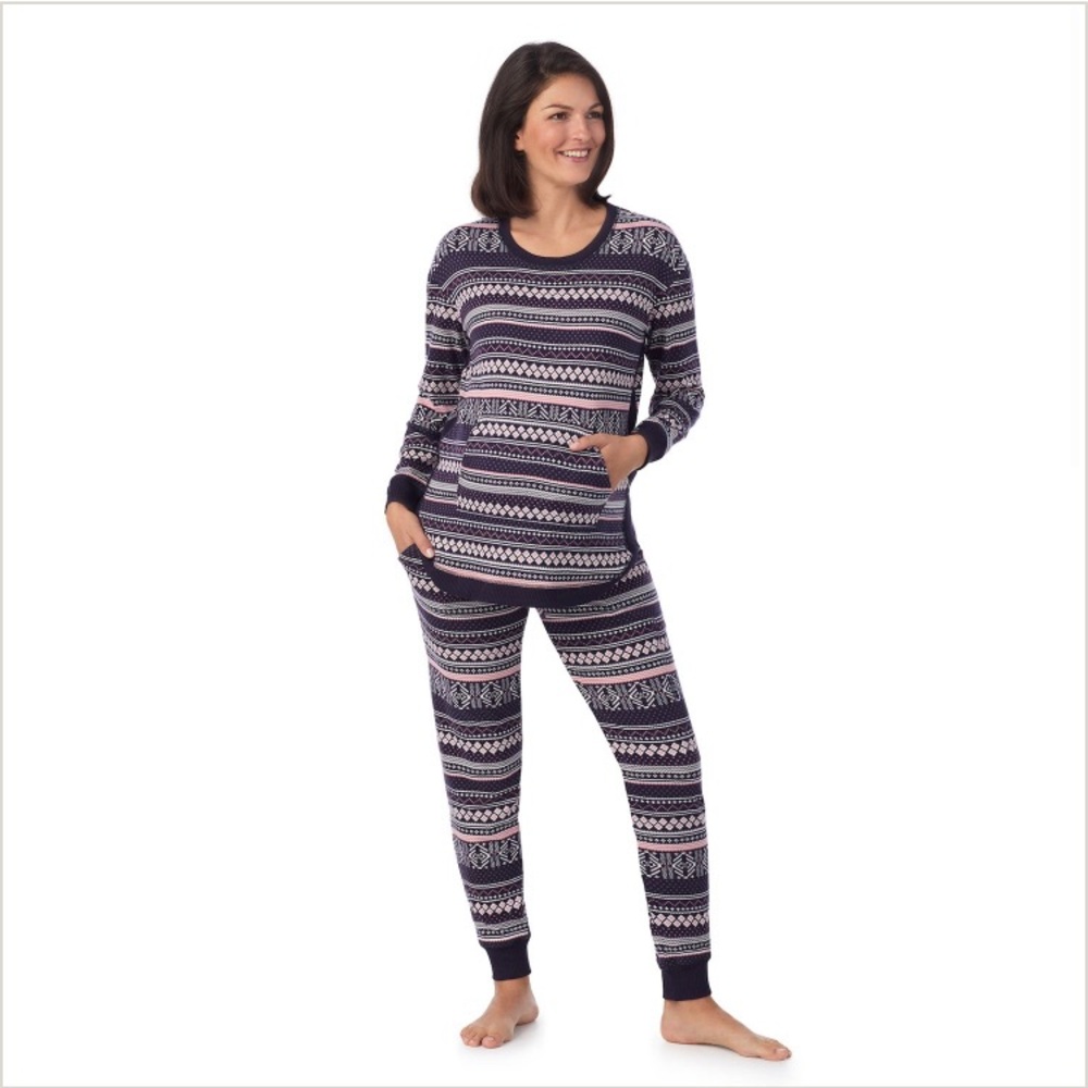 Cuddl Duds Maternity Soft Sweater Knit Crewneck Navy Pink Stripe Pajamas Set L